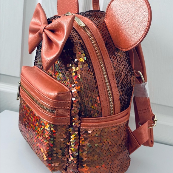 Loungefly Minnie Mouse Sequined Mini Backpack Peach Punch & Ears Headband - Picture 4 of 11